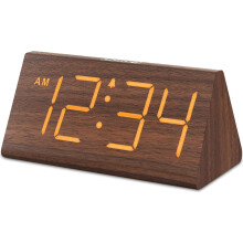 Despertador digital de madeira com visor grande e porta USB
