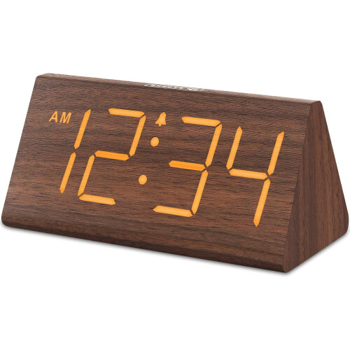 Despertador digital de madeira com visor grande e porta USB