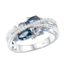 Women's X-shaped hollow sea blue zircon ring 1 piece