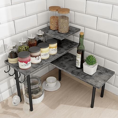 Étagère d'angle à 3 niveaux pour comptoir, gris rustique et noir
