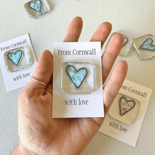 Fused Glass Heart Pocket Token - Silver, 4cm 2