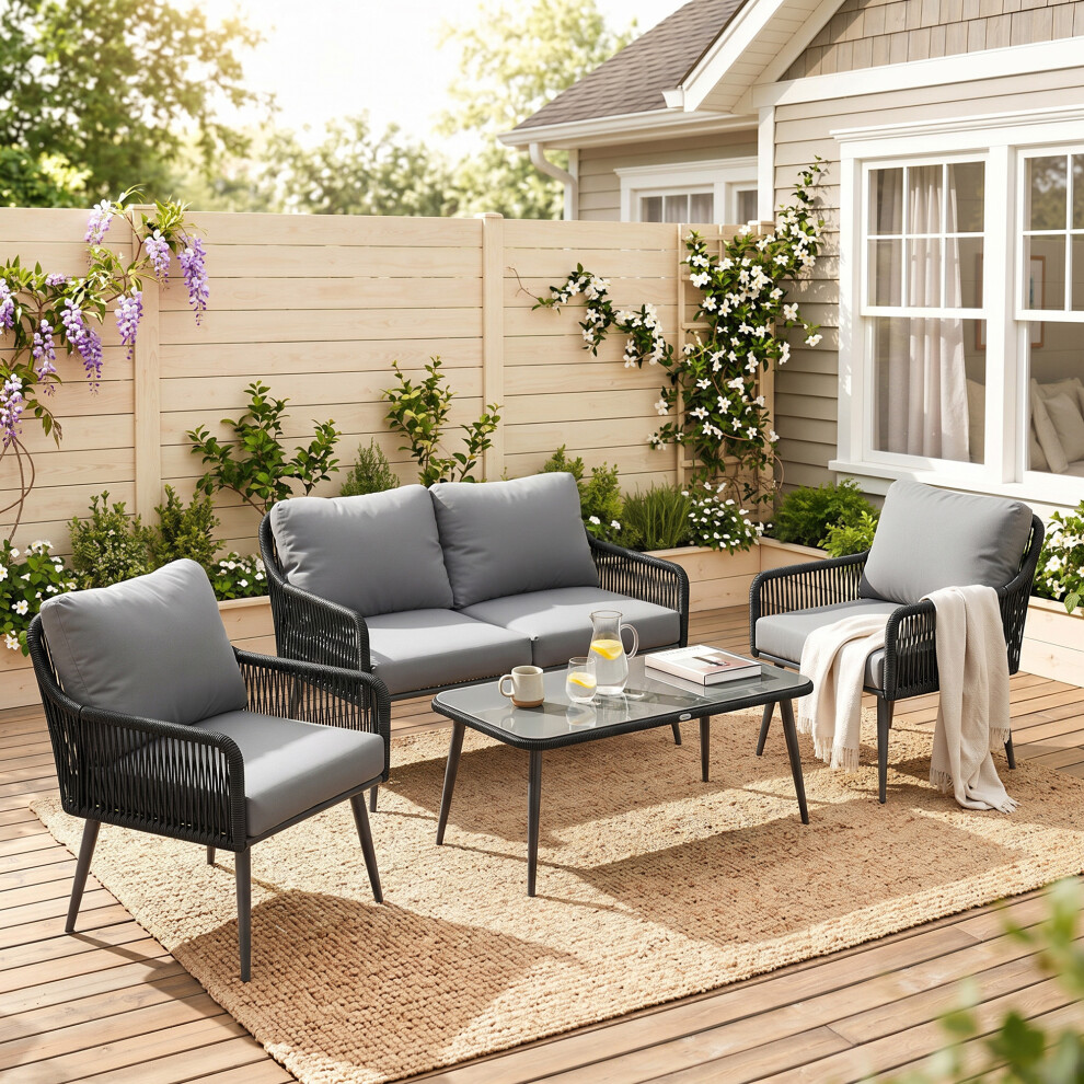 Outsunny Rattan Garden Furniture Set, Tempered Glass With 3 Chairs
