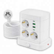 2500W strømskinne i tårn, overspændingsbeskyttelse, 2 USB-C-porte, 2 USB-A-porte, med switch