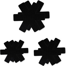 6 stapelbara kastrullskydd, 3 kastrullskydd för större och tjockare kastruller, justerbara filtgrytlappar och