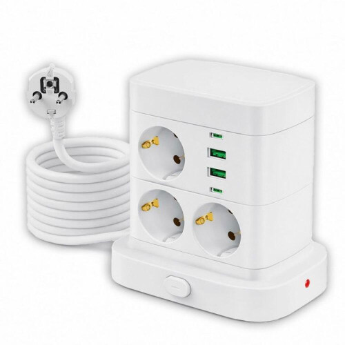 Πολύπριζο 2500W, Προστασία από υπερτάσεις, 2 θύρες USB-C, 2 θύρες USB-A, με διακόπτ