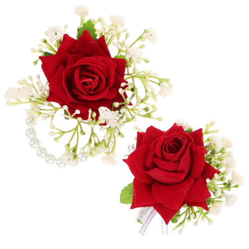 Conjunto de corsage de boda artificial – Pulsera de seda roja y