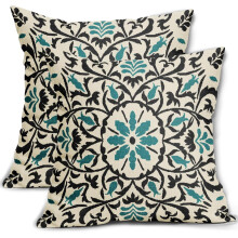 Housses de coussin en lin noir et turquoise 45 x 45 cm, motif floral bohème, ensemble