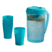 Juego de jarra de agua de plástico con tapa y 4 vasos, 2200 ml, azul