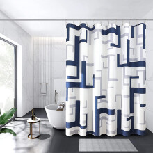 Blauer, moderner Duschvorhang aus Stoff mit geometrischem Muster, 183 x 213 cm