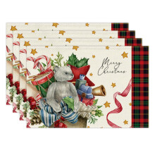 Set van 4 kerstplacemats, 30 x 45 cm, linnen, landelijke stijl