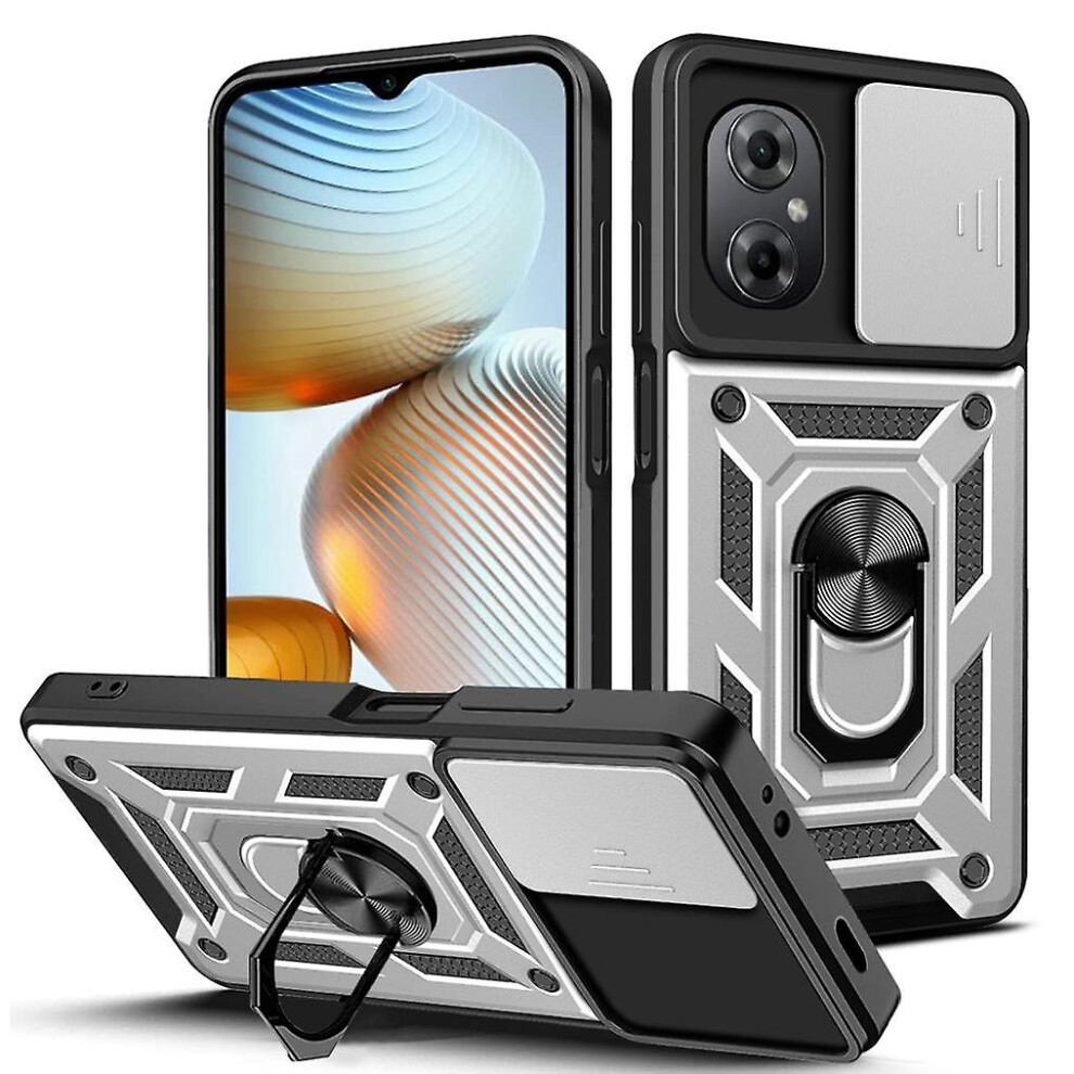 Magnetic Phone Case Compatible Xiaomi Poco M4 5G /M5 4G, Slide Camera Lens Protection And Built In 360 Rotatable Ring Holder: Silver 3585111394288