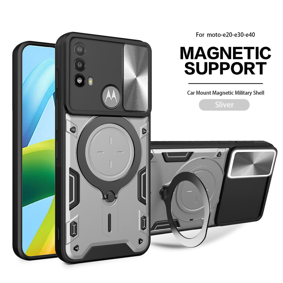 Magnetic Phone Case Compatible Moto E20 /E30 /E40, Slide Camera Lens Protection And Built In 360 Rotatable Ring Holder:silvery 3035171377856