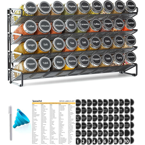 Spice Rack Organizer Black with 36 Jars and 386 Labels