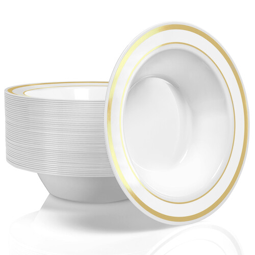 Elegant Gold Plastic Bowl 12oz Disposable 50 Count
