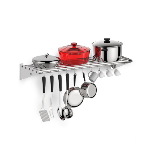 Stainless Steel Wall-Mount Floating Shelf with S Hooks, 1