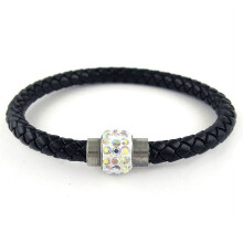 Black leather crystal magnetic bracelet 7.5 inch
