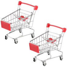 2-Pack Mini Shopping Cart Toy Set in Red Iron Plastic for Home Decor, Office Display, and Kids Playtime, Durable and Cute