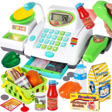 Caixa registradora de brinquedo infantil com scanner, dinheiro de mentira, conjunto de balcão de caixa para brincadeiras de supermercado, pr