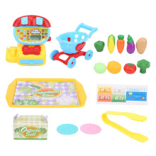 Chariot de courses jouet avec aliments factices, ensemble de jeu éducatif pour tout-petits avec design de découpe interactif et construction