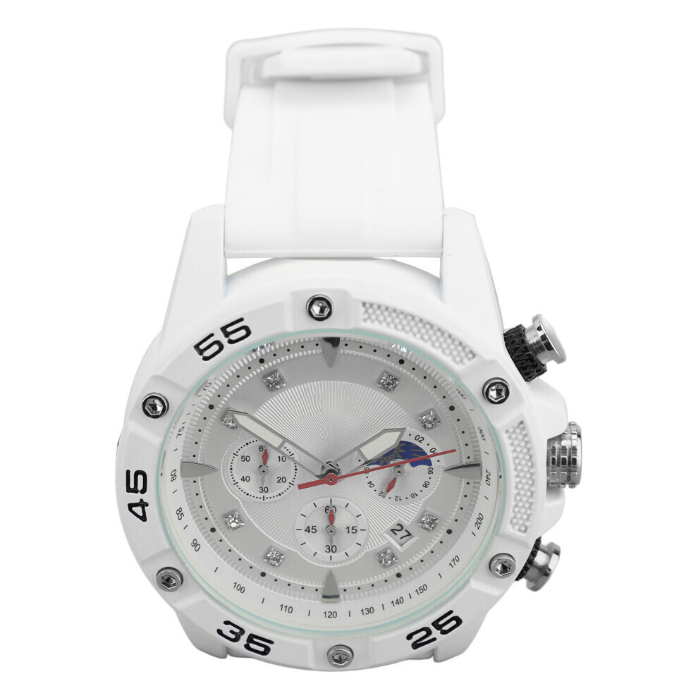 Men's Multifunctional Quartz Watch, White, 47Mm Dial, Silicone Strap, Waterproof Design For Everyday Wear 3415525186684