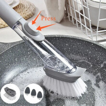 Soap Dispensing Dish Brush with Long Handle - 2-in-1 Kitchen Scrubbing Brush with Refillable Liquid Reservoir and Built-in Scraper (Gray, 1pc)