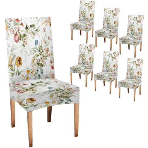 Stretchöverdrag till matstolar, 6-pack – Akvarellblommor,