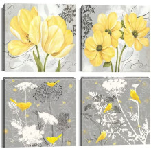Tableau floral jaune et gris – 4 panneaux, encadré, 30 x 30 cm