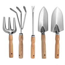 Tuingereedschapset 9-delig, roestvrij staal met ergonomische houten handgrepen, voor planten en wieden.