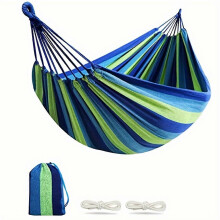 Amaca da esterno resistente e portatile con design a righe, ideale per campeggio e giardino.