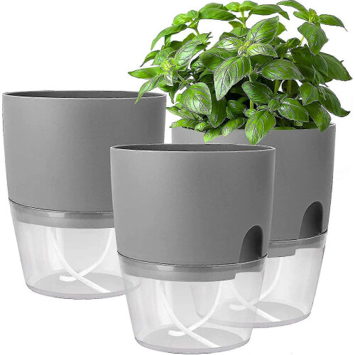Herb Pot Kitchen Set of 3, Self-Watering Windowsill Planter with Automatic Irrigation System, Grey