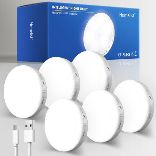 Homelist Motion Sensor Lights Indoor, Rechargeable Night Light, 6 Pack