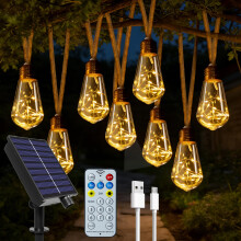 Hopexy Solar Lights Outdoor Garden 20 S17 Bulbs, 10M Hemp Rope with Remote, USB & Solar Powered Shatterproof Festoon Lights, Waterproof 8 Modes Fairy