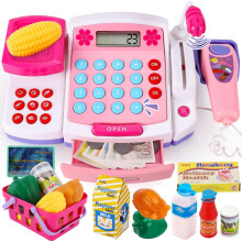 Caja registradora de juguete para niños con escáner, micrófono y calculadora electrónica, juego de comida de juguete con accesorios para niñ