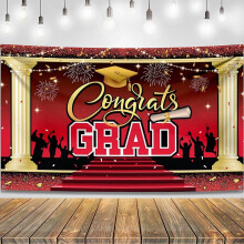 Graduation Congrats Banner Red Gold 72x44 Inch