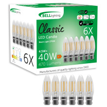 BELL Lighting B22 Bayonet Filament Light Bulb LED Candle 6 Pack | Warm White 2700K | 470 Lumen 4.5 Watts | Energy Saving Candle LED Light Bulb | 40W
