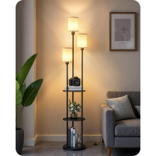 GOEBLESON Floor Lamp with Shelves, Industrial Floor Lamp with 3 Linen Shades and Foot Switch, 3-Light Standing Lamp, for Living Room, Bedroom, Study,