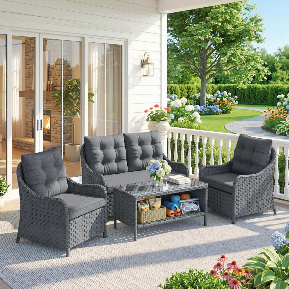 Outsunny 4 Piece Rattan Patio Furniture Set With Removable Cushion Covers