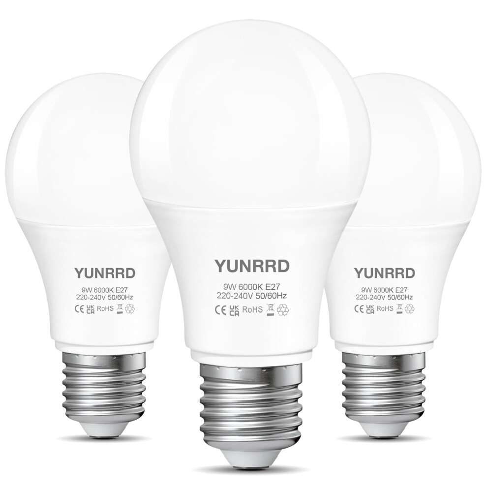 Yunrrd E27 Screw Led Bulb,Cool 6000K,60W Equivalent,9W 850Lm Edison Es Bulbs,A60 Gls Energy Saving Screw In Bulb,220-240V,Non-Dimmable,Pa White/Light 65288993