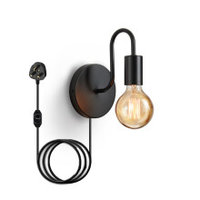 Lightess Plug in Wall Light Dimmable, Retro Wall Light with Switch, Black Industrial Stepless Dimming Wall Lamp, E27 Metal Wall Sconce Indoor for Bed