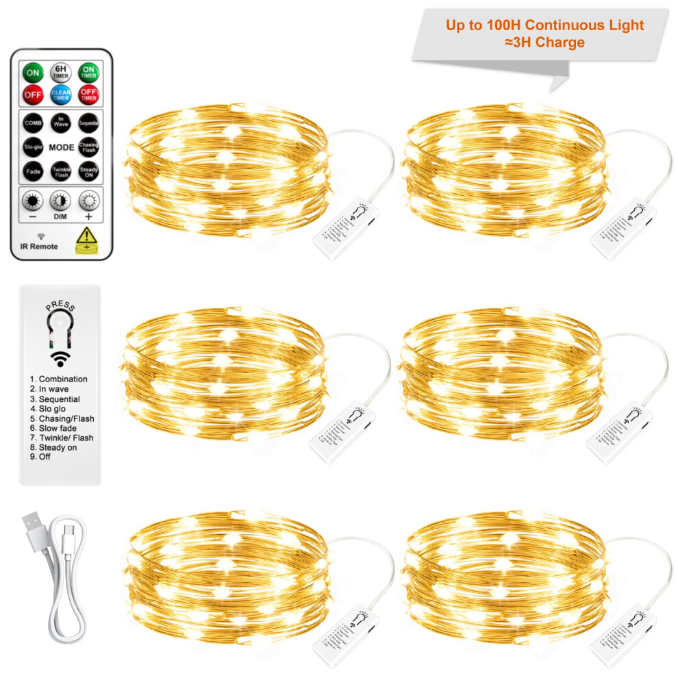 Sinamer 6 Pack Rechargeable Fairy Lights Battery Operated With Remote & Diy Timer, 7Ft 20Led Dimmable Wire String For Mason Jar, Mini Tw Silver/Light 97046554