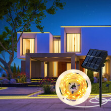 Aitesuo Solar LED Strip Lights Outdoor, 5m 320 LEDs, Solar Powered Lights Strip with Remote, Dimmable, 8 Modes, IP65 Waterproof, Cuttable, Self-Adhesi