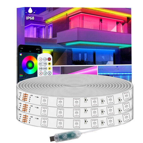 httpsmp 15m LED Strip Lights IP68 Outdoor Waterproof, 5V USB Powered, Music Sync Bluetooth APP/RF Remote Control Lights for Balcony,Deck,Camping,Gard