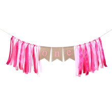 First Birthday Banner Pink Burlap with Ribbon 1 pc