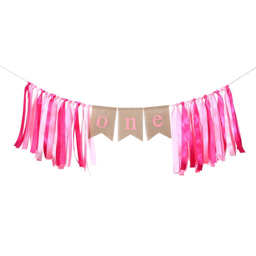 First Birthday Banner Pink Burlap with Ribbon 1 pc