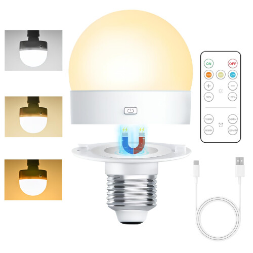 E27 Rechargeable Light Bulb with Timer and Remote, 5W Dimmable Battery Powered Light Bulb with Magnetic Base, E27/E26 Detachable Charging LED Light w