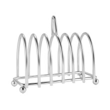 Soporte para tostar pan de 6 rebanadas, de acero inoxidable, con patas esféricas y asa de transporte.