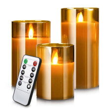 YINUO LIGHT LED Candles 4" 5" 6" Set of 3 Real Wax Light, Battery Operated, Gold Glass Pillars, Remote Control, Timer, Indoor, Living Room, Vintage