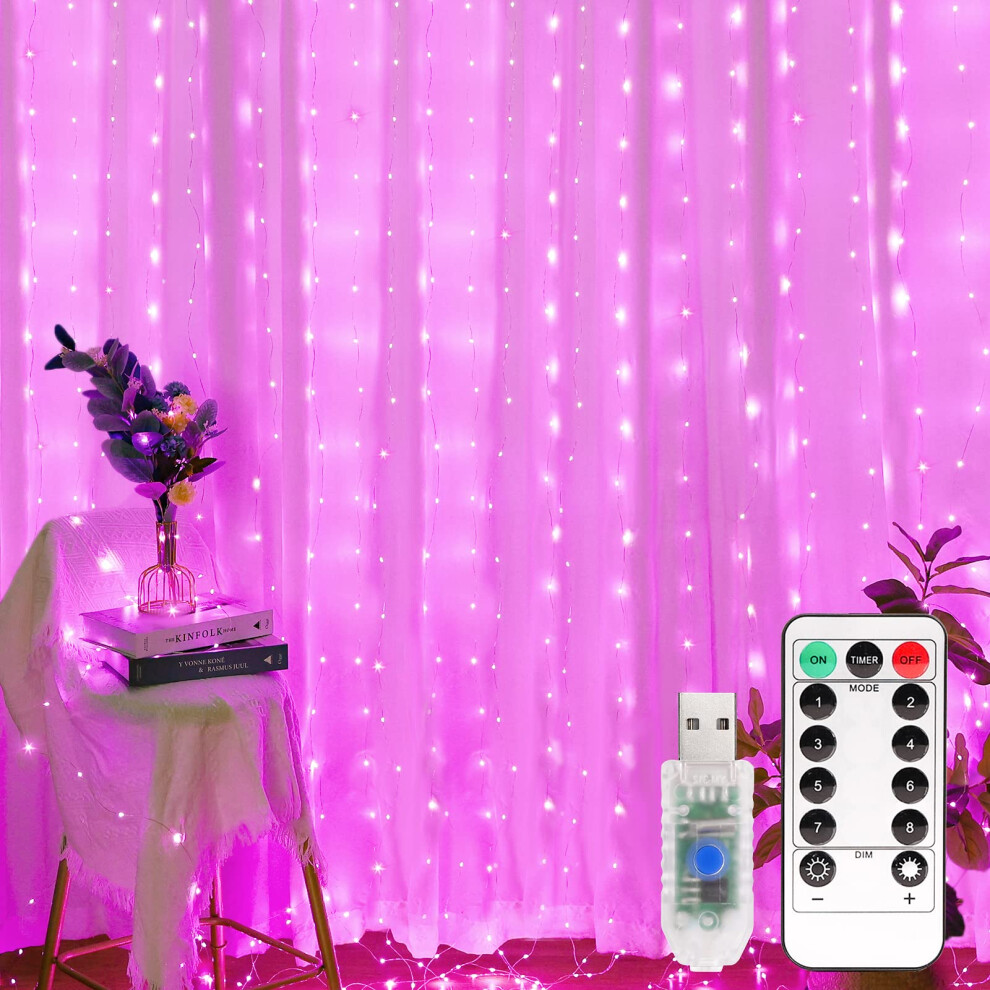 Yizhet Curtain Lights 3M X 3M, Curtain Fairy Lights 300 Led 8 Modes, Waterproof, Usb Powered With Remote Control & Timer For Bedroom, Wedding, Pink 97586647