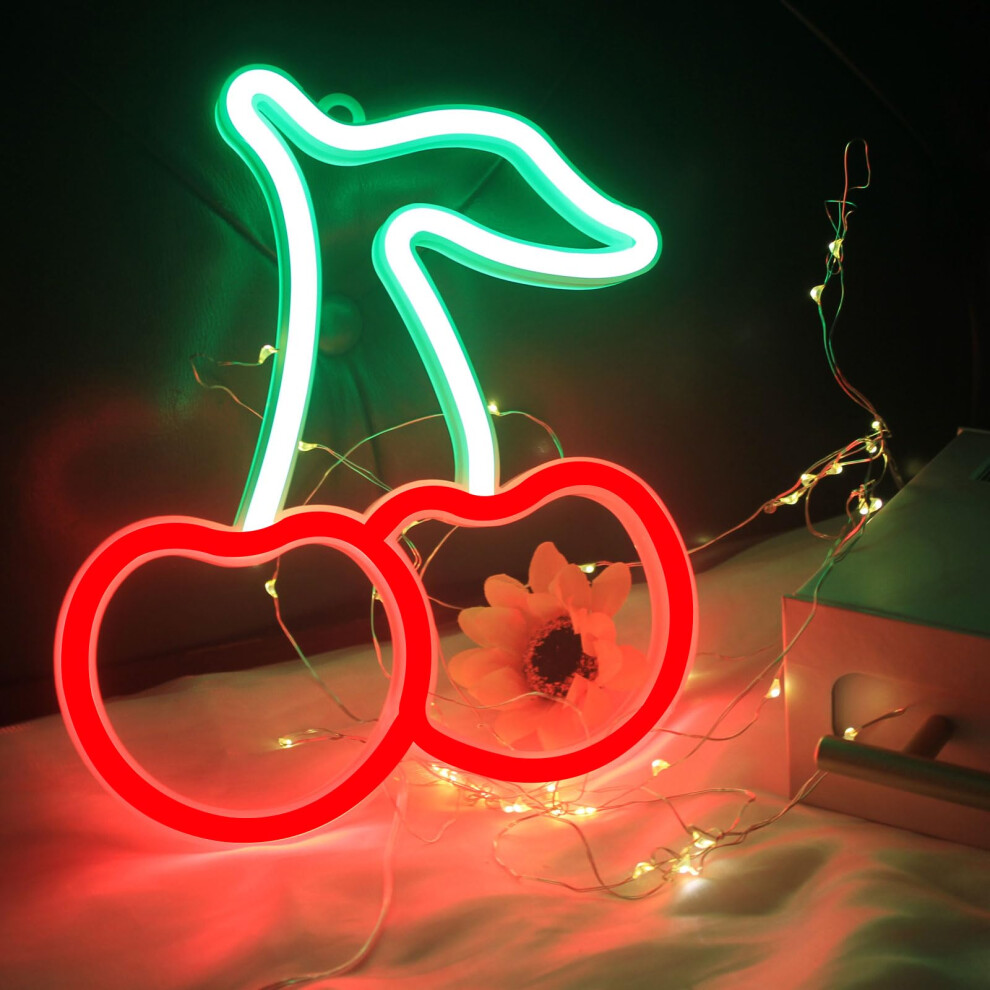 Dakabuka Cherry Neon Sign Cherries Neon Lights Cute Fruits Led Signs For Kids Room Restaurant Bar Fruit Shop Usb Battery Neon Signs For Wal Red/Green 70733518