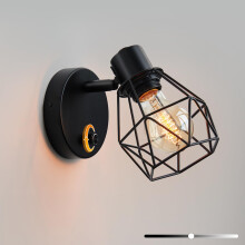 Lampop Wall Lights with Switch, Dimmable Wall Lamp, Adjustable 360/90Cage Shade, E27 Rustic Wall Lights for Bedrooms, Living Room, Hallway (Black,